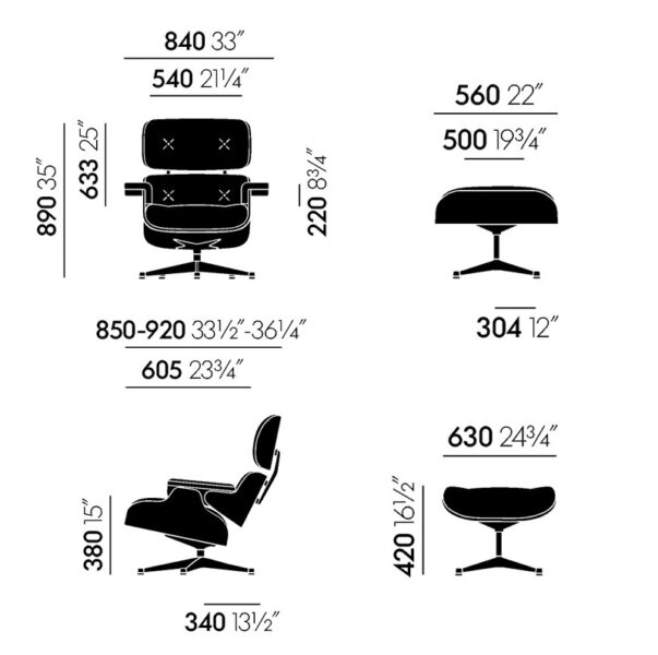 Lounge Chair + Ottoman Cerezo Americano / Piel Premium L50 Negro / Base Pulida Laterales Negro ER-364569