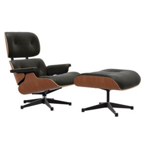 Lounge Chair + Ottoman Cerezo Americano / Piel Premium L50 Negro / Base Pulida Laterales Negro ER-0